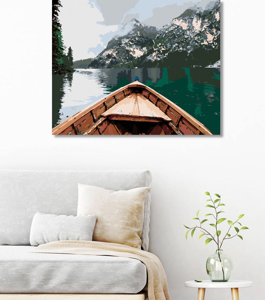 zuty Malování podle čísel - LOĎ NA JEZEŘE A HORY V MLZE - Rozměr: 40x50 cm, Rámování: Varianta: bez rámu a bez vypnutí plátna - obrázek 9