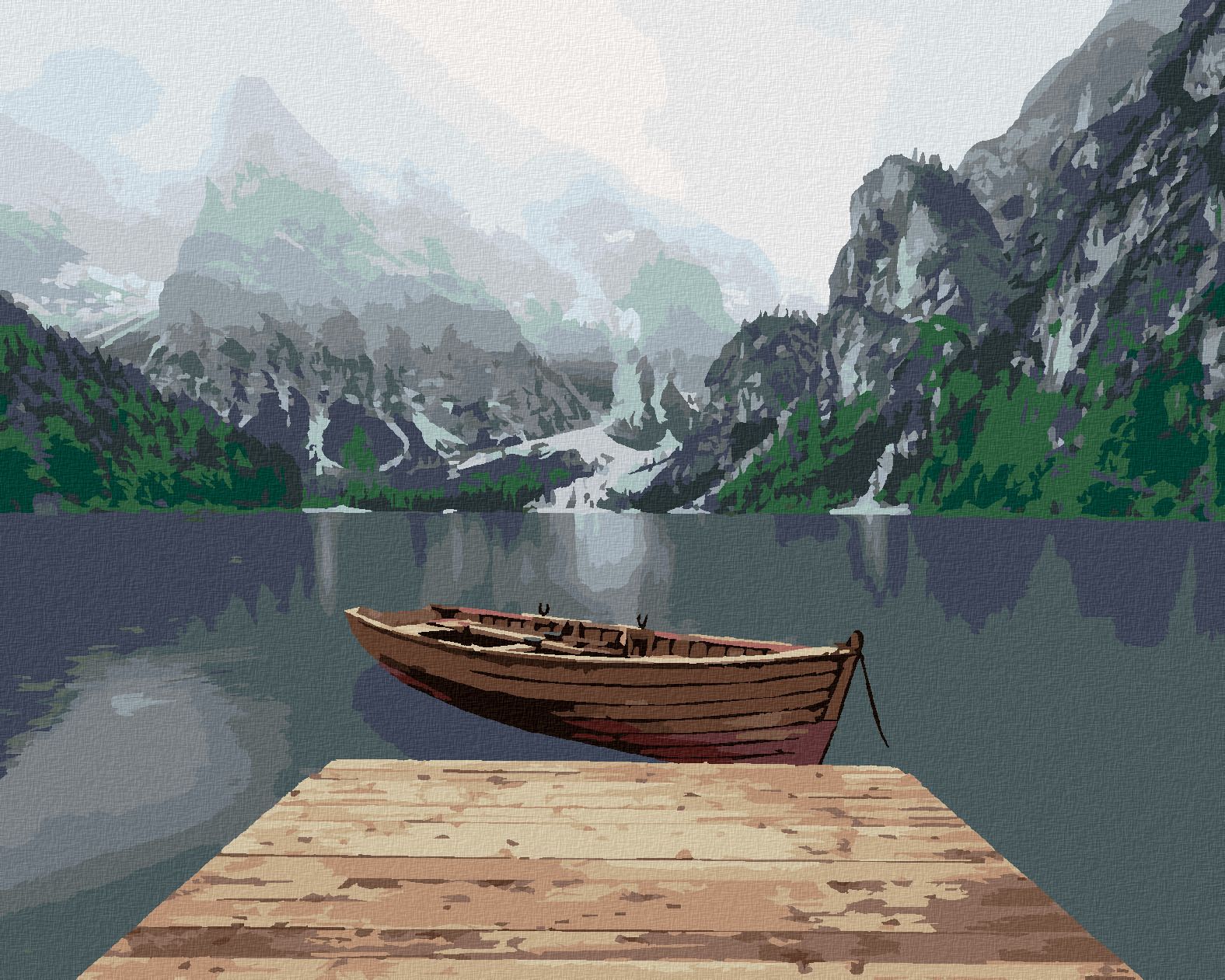 zuty Malování podle čísel - HORY U JEZERA S LOĎKOU - Rozměr: 40x50 cm, Rámování: Varianta: vypnuté plátno na rám - obrázek 1