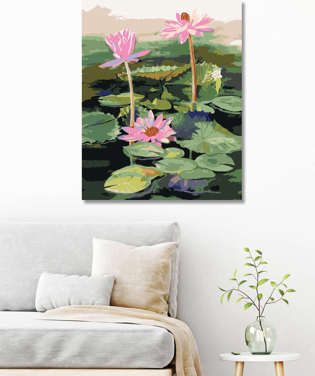 zuty Malování podle čísel - TŘI RŮŽOVÉ LEKNÍNY NA JEZEŘE - Rozměr: 40x50 cm, Rámování: Varianta: bez rámu a bez vypnutí plátna - obrázek 3
