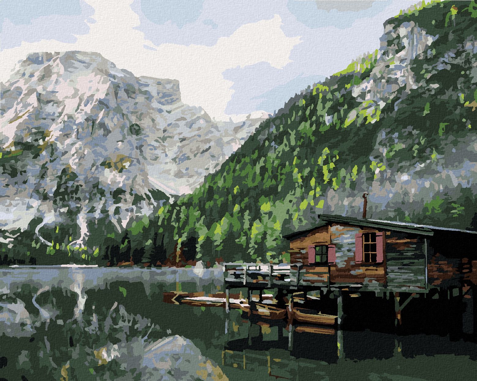 zuty Malování podle čísel - JEZERO S CHATOU A LODĚMI ITÁLIE II - Rozměr: 40x50 cm, Rámování: Varianta: vypnuté plátno na rám - obrázek 1