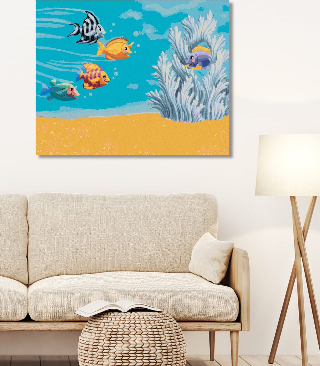 zuty Malování podle čísel - RYBIČKY PŘIPLOUVAJÍCÍ ZA KAMARÁDEM (SUE ELLEN BROWN) - Rozměr: 40x50 cm, Rámování: Varianta: vypnuté plátno na rám - obrázek 3