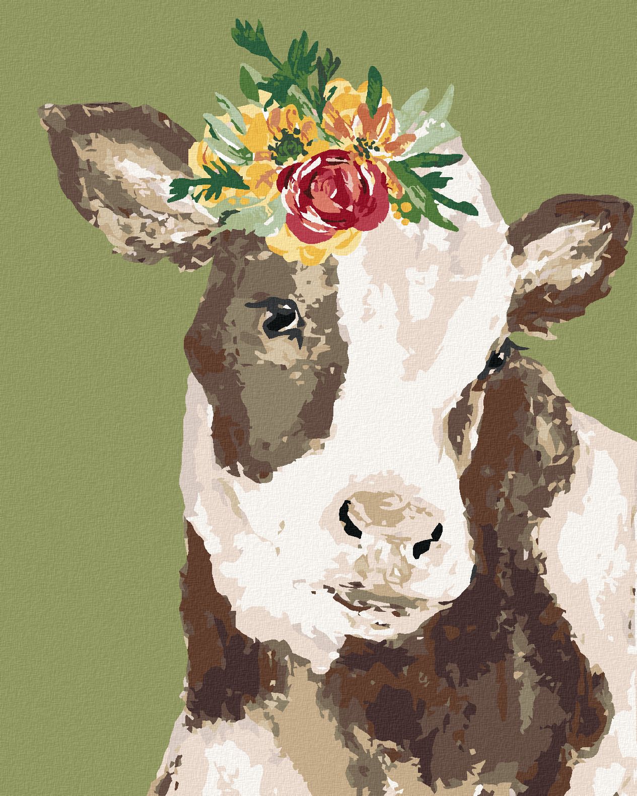zuty Malování podle čísel - KRÁVA S KVĚTINOU NA ZELENÉM POZADÍ (HALEY BUSH) - Rozměr: 40x50 cm, Rámování: Varianta: vypnuté plátno na rám - obrázek 1