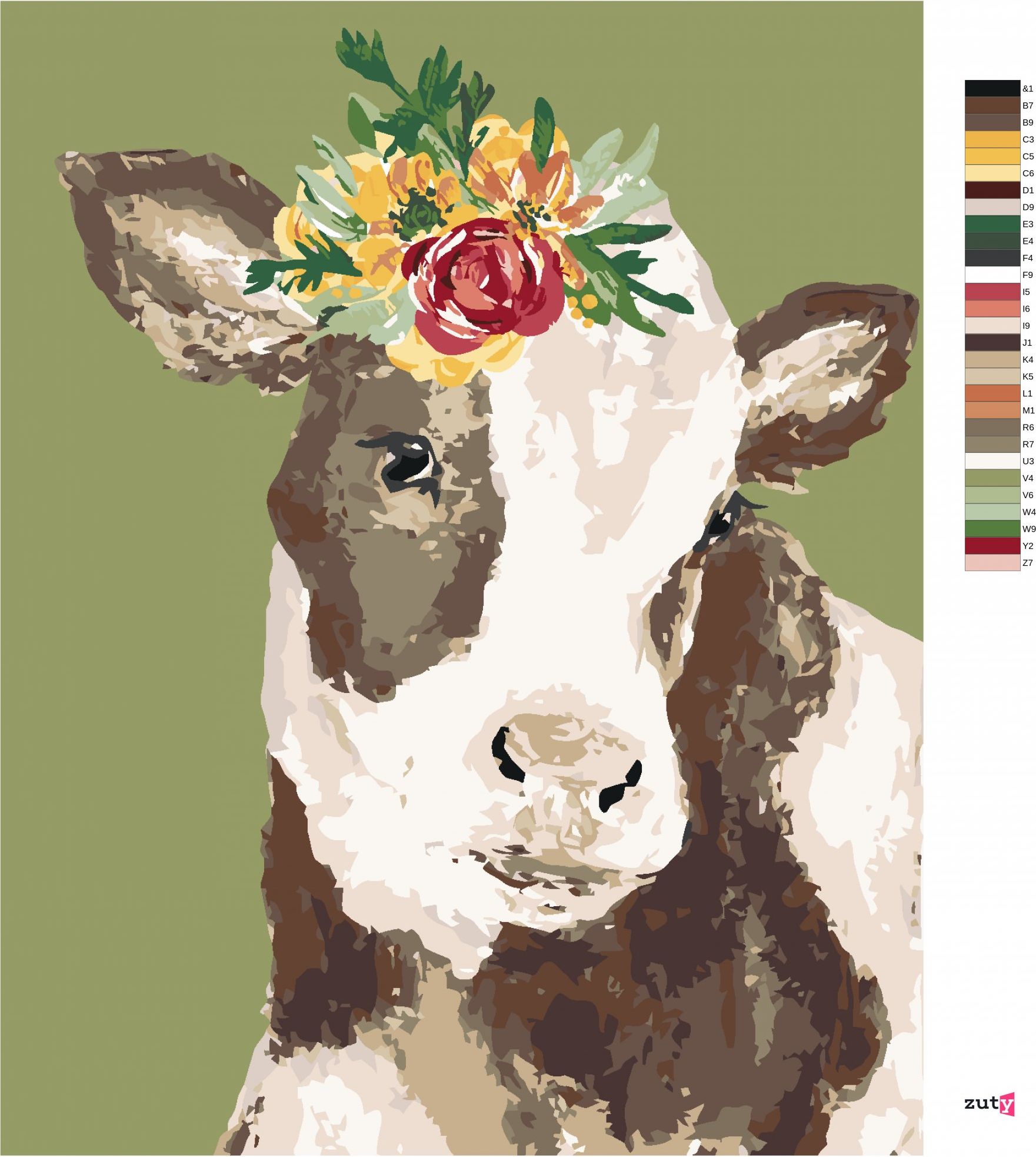 zuty Malování podle čísel - KRÁVA S KVĚTINOU NA ZELENÉM POZADÍ (HALEY BUSH) - Rozměr: 40x50 cm, Rámování: Varianta: vypnuté plátno na rám - obrázek 4