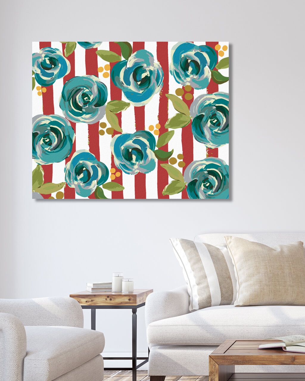 zuty Malování podle čísel - ZÁTIŠÍ MODRÉ KVĚTINY NA BÍLOČERVENÉM POZADÍ (HALEY BUSH) - Rozměr: 40x50 cm, Rámování: Varianta: vypnuté plátno na rám - obrázek 4