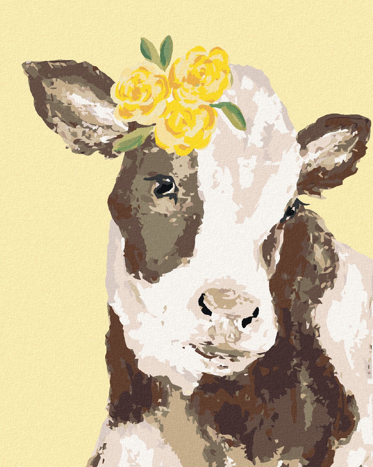 zuty Malování podle čísel - KRÁVA SE ŽLUTOU KVĚTINOU (HALEY BUSH) - Rozměr: 40x50 cm, Rámování: Varianta: vypnuté plátno na rám - obrázek 1