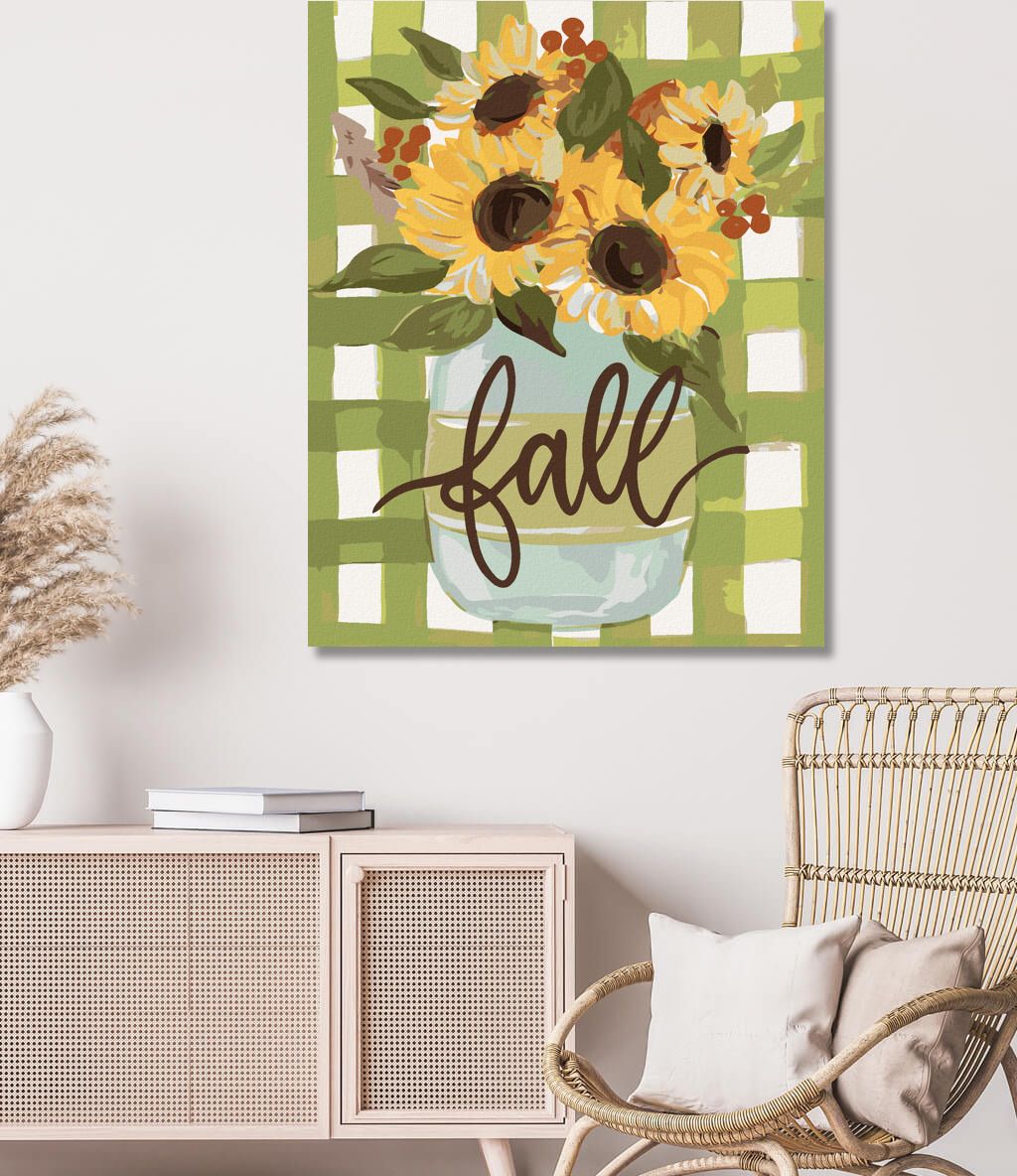 zuty Malování podle čísel - PODZIMNÍ SLUNEČNICE GINGHAM (HALEY BUSH) - Rozměr: 40x50 cm, Rámování: Varianta: vypnuté plátno na rám - obrázek 3