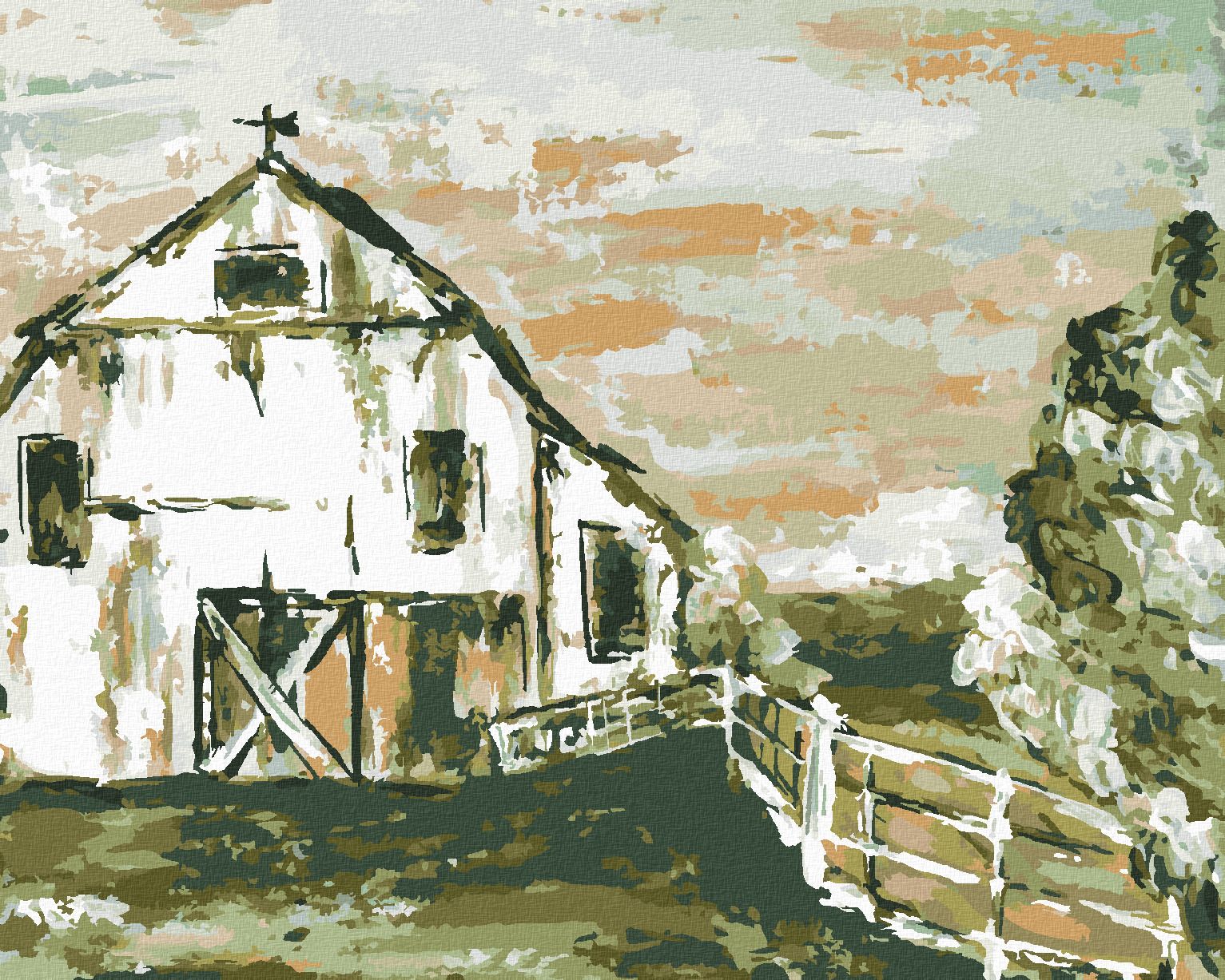 zuty Malování podle čísel - STODOLA S PLOTEM (HALEY BUSH) - Rozměr: 40x50 cm, Rámování: Varianta: bez rámu a bez vypnutí plátna - obrázek 1