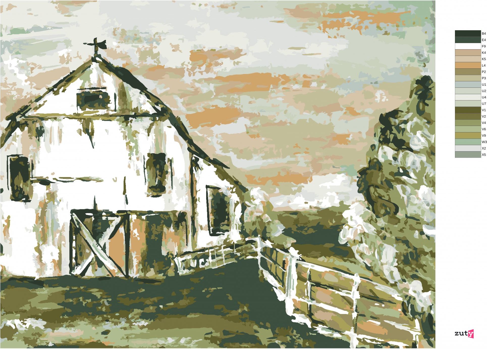 zuty Malování podle čísel - STODOLA S PLOTEM (HALEY BUSH) - Rozměr: 40x50 cm, Rámování: Varianta: bez rámu a bez vypnutí plátna - obrázek 4