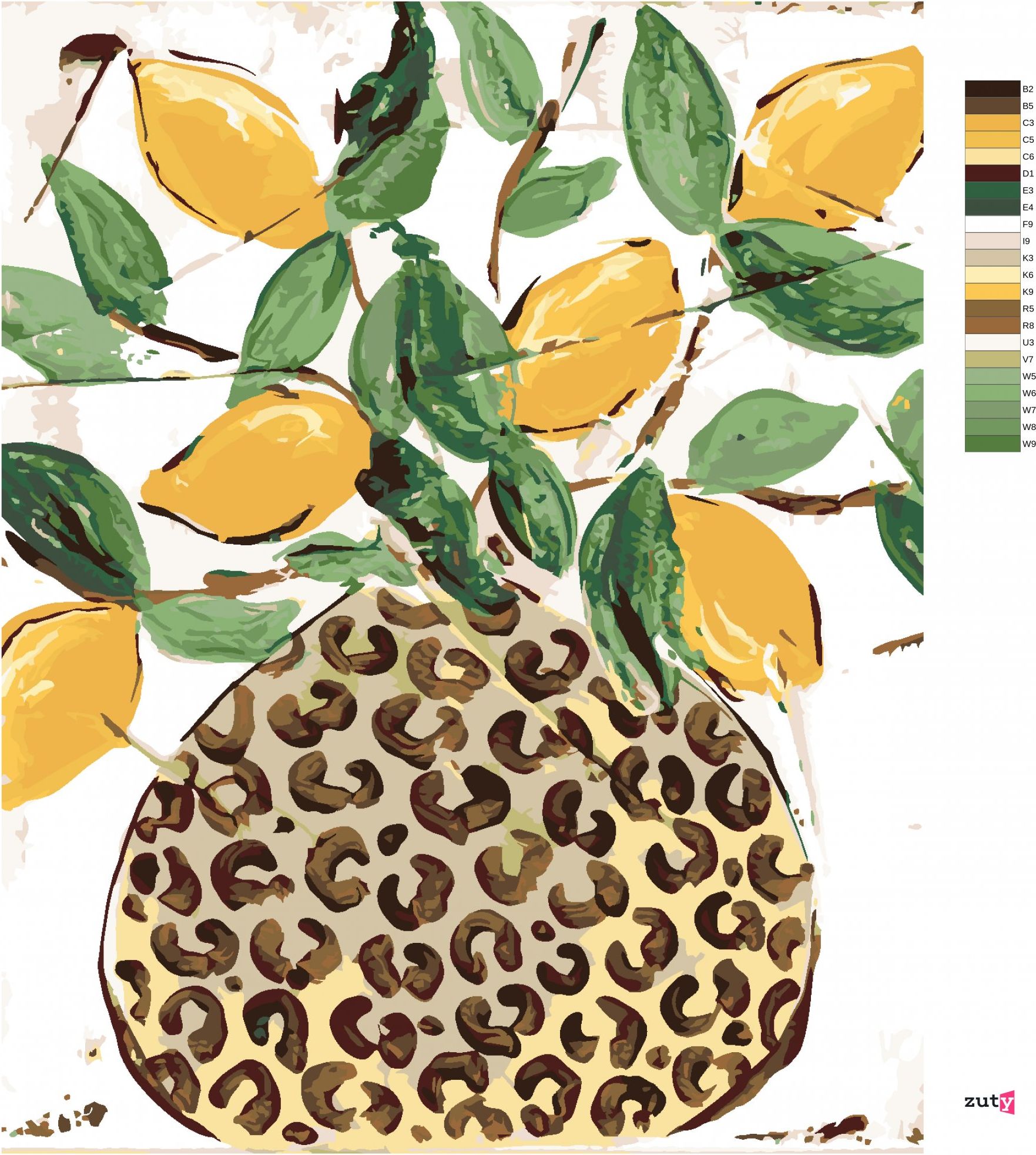 zuty Malování podle čísel - CITRÓNY V LEOPARDÍ VÁZE (HALEY BUSH) - Rozměr: 40x50 cm, Rámování: Varianta: bez rámu a bez vypnutí plátna - obrázek 5