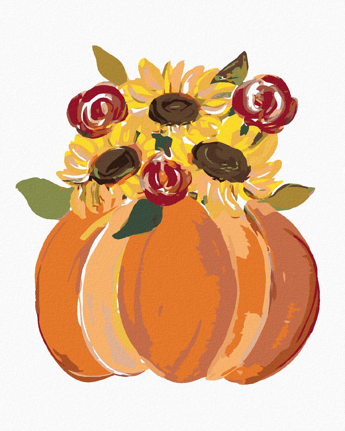 zuty Malování podle čísel - ORANŽOVÉ DÝNĚ SE SLUNEČNICEMI (HALEY BUSH) - Rozměr: 40x50 cm, Rámování: Varianta: bez rámu a bez vypnutí plátna - obrázek 1