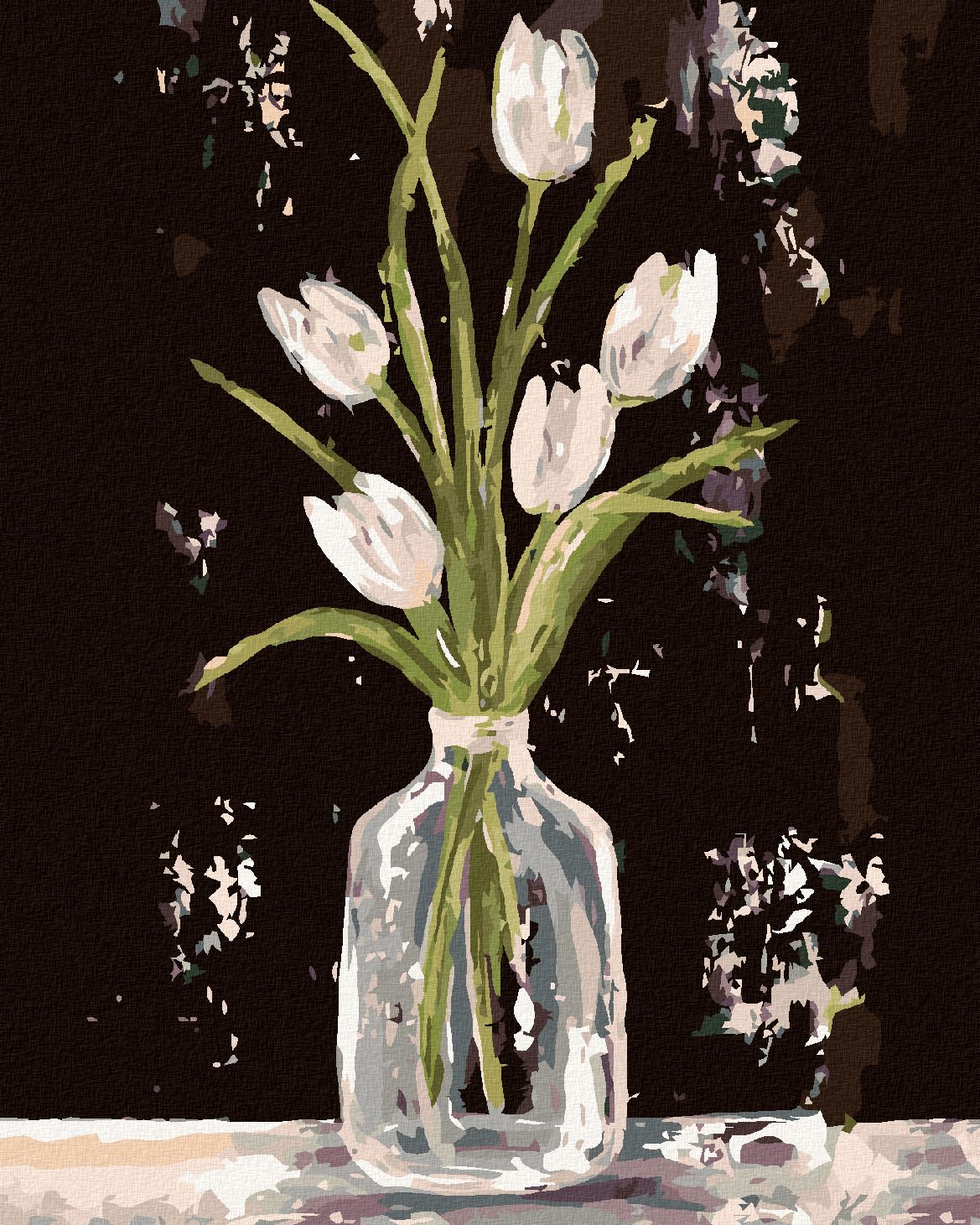 zuty Malování podle čísel - BÍLÉ TULIPÁNY VE SKLENĚNÉ VÁZE (HALEY BUSH) - Rozměr: 40x50 cm, Rámování: Varianta: bez rámu a bez vypnutí plátna - obrázek 1