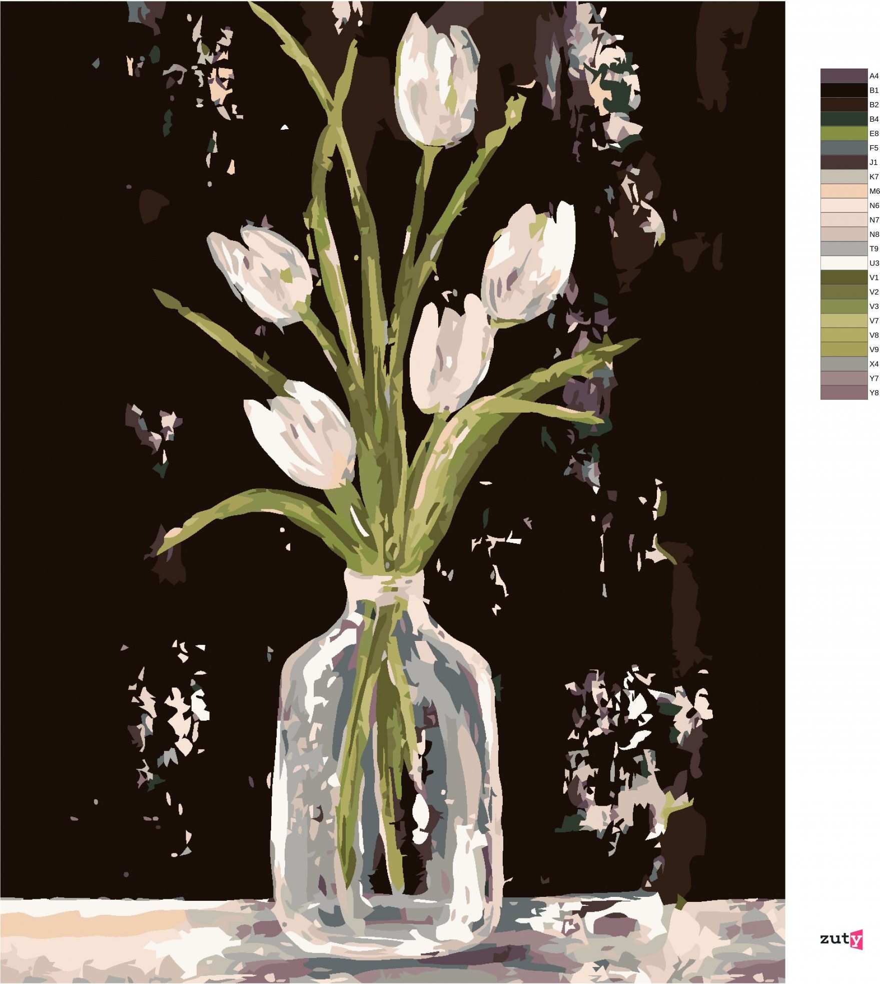 zuty Malování podle čísel - BÍLÉ TULIPÁNY VE SKLENĚNÉ VÁZE (HALEY BUSH) - Rozměr: 40x50 cm, Rámování: Varianta: bez rámu a bez vypnutí plátna - obrázek 9