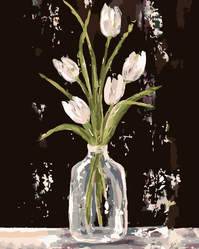 zuty Malování podle čísel - BÍLÉ TULIPÁNY VE SKLENĚNÉ VÁZE (HALEY BUSH) - Rozměr: 40x50 cm, Rámování: Varianta: vypnuté plátno na rám - obrázek 2