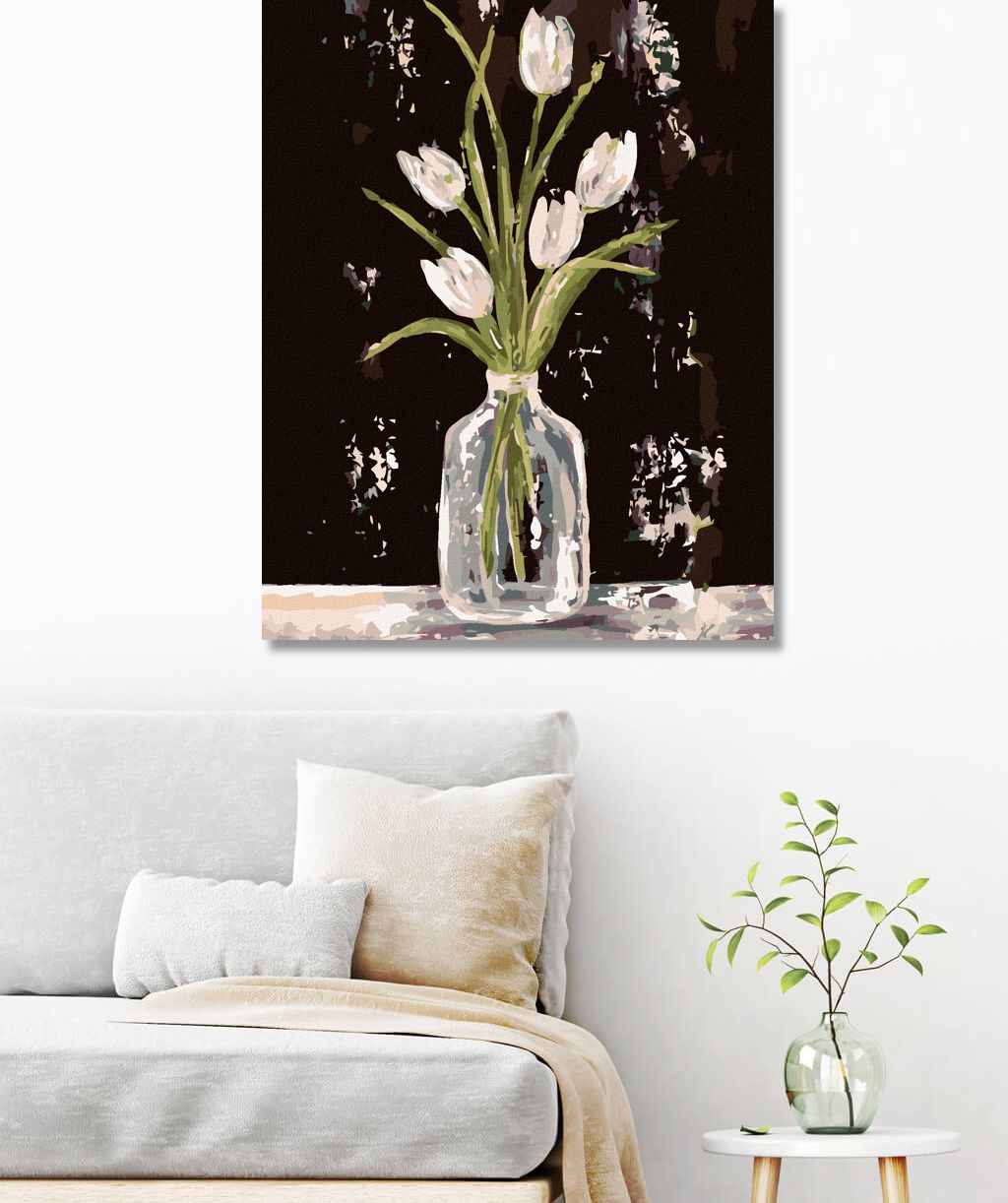zuty Malování podle čísel - BÍLÉ TULIPÁNY VE SKLENĚNÉ VÁZE (HALEY BUSH) - Rozměr: 40x50 cm, Rámování: Varianta: vypnuté plátno na rám - obrázek 6
