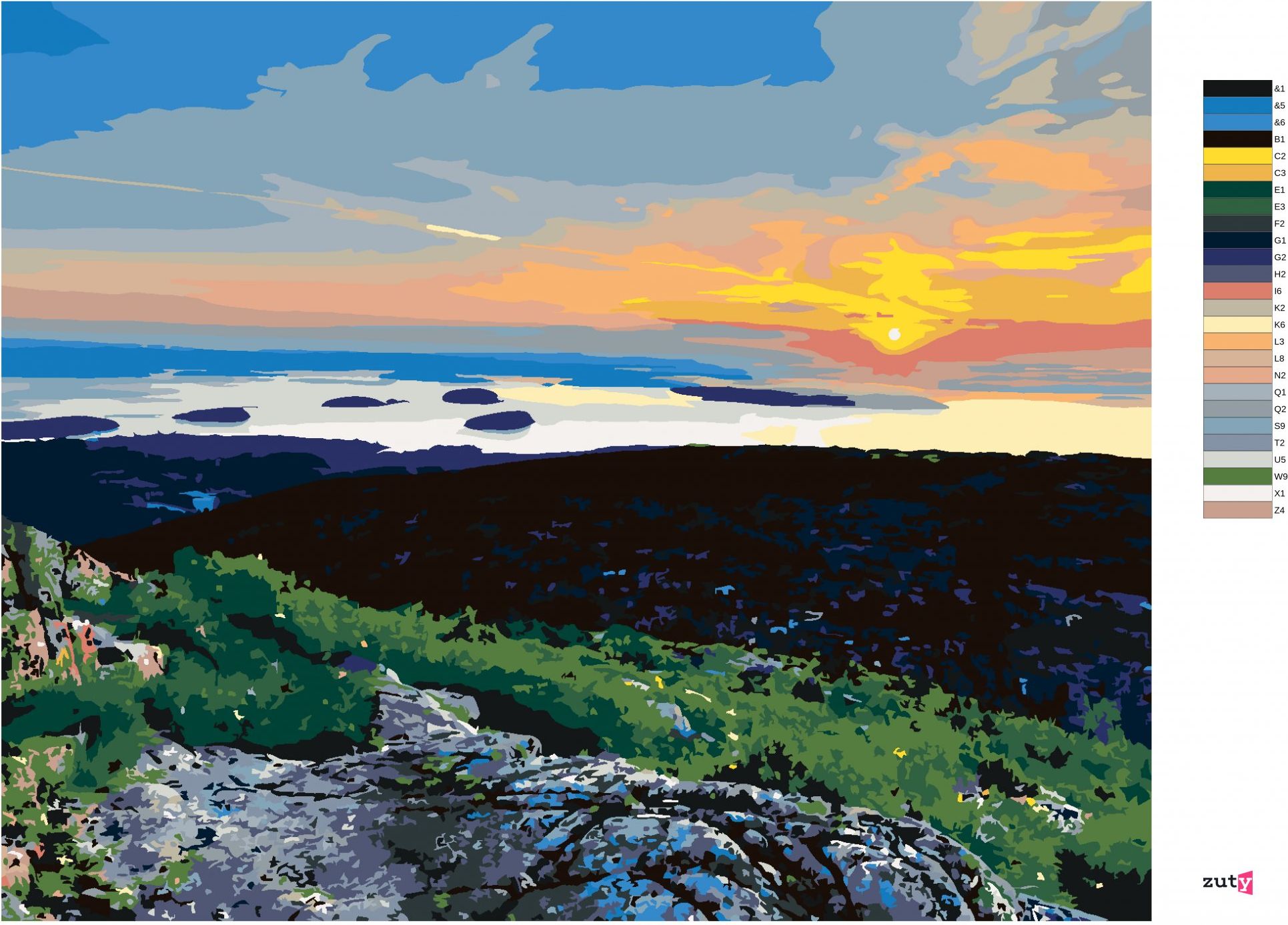zuty Malování podle čísel - ZÁPAD SLUNCE NAD KRAJINOU (TED DAVIS) - Rozměr: 40x50 cm, Rámování: Varianta: bez rámu a bez vypnutí plátna - obrázek 2