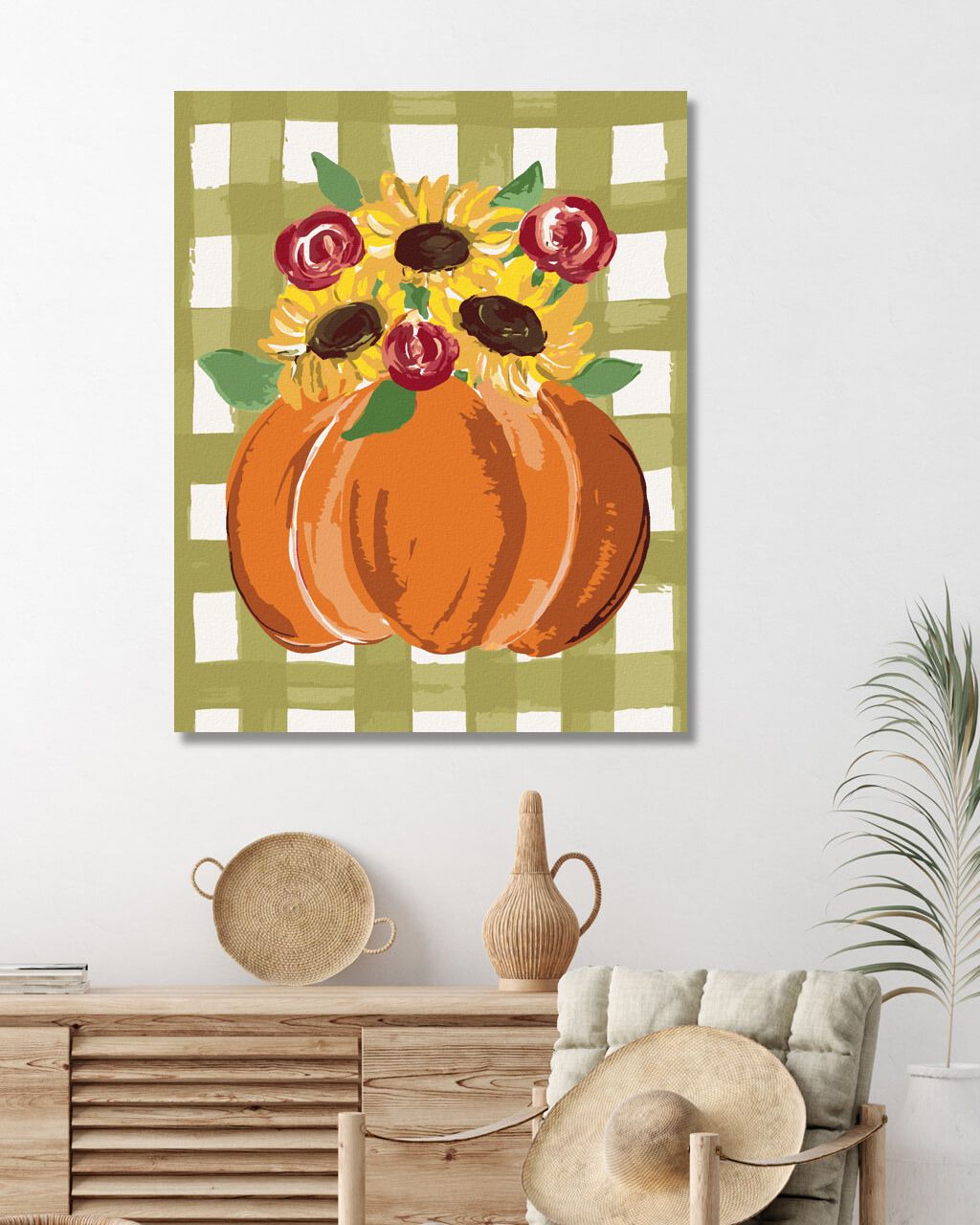 zuty Malování podle čísel - ORANŽOVÁ DÝNĚ A SLUNEČNICE GINGHAM (HALEY BUSH) - Rozměr: 40x50 cm, Rámování: Varianta: vypnuté plátno na rám - obrázek 5