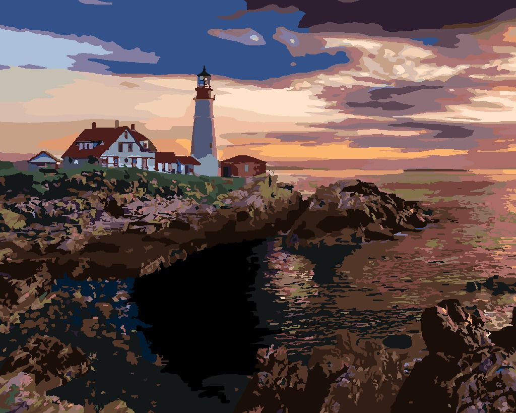 zuty Malování podle čísel - MAJÁK A ZÁPAD SLUNCE, USA (TED DAVIS) - Rozměr: 40x50 cm, Rámování: Varianta: bez rámu a bez vypnutí plátna - obrázek 4