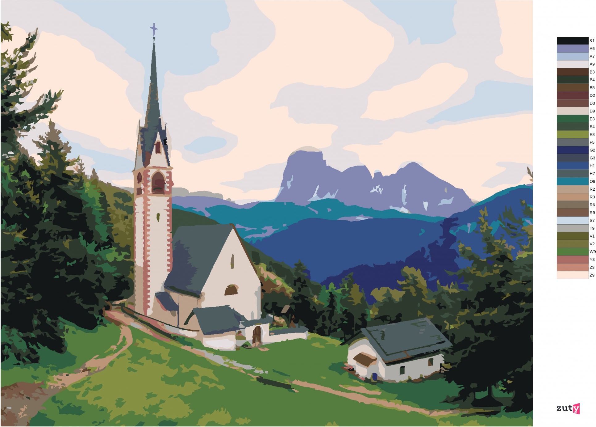 zuty Malování podle čísel - KOSTEL A HORA, ITÁLIE (TED DAVIS) - Rozměr: 40x50 cm, Rámování: Varianta: vypnuté plátno na rám - obrázek 2