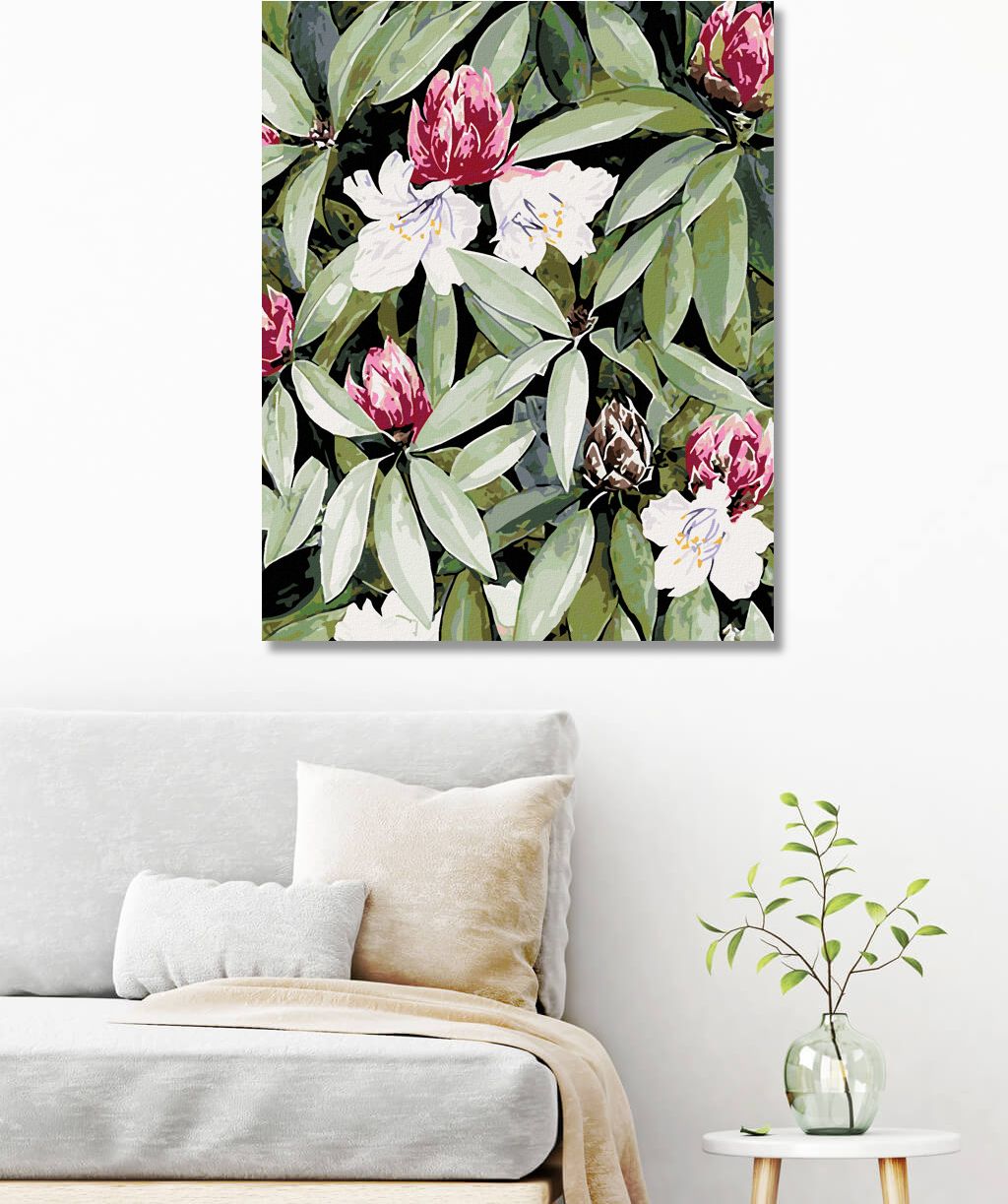 zuty Malování podle čísel - RODODENDRON S BÍLÝMI A RŮŽOVÝMI KVĚTY (ALEXANDRIA GILBERT) - Rozměr: 40x50 cm, Rámování: Varianta: bez rámu a bez vypnutí plátna - obrázek 4
