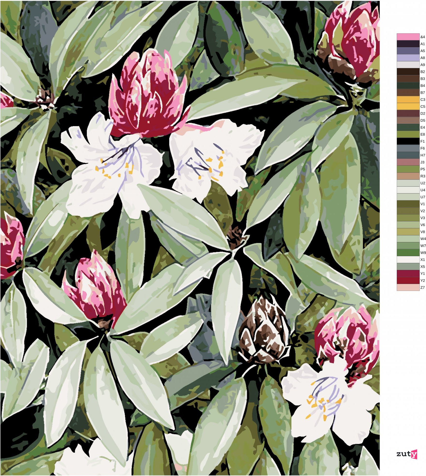 zuty Malování podle čísel - RODODENDRON S BÍLÝMI A RŮŽOVÝMI KVĚTY (ALEXANDRIA GILBERT) - Rozměr: 40x50 cm, Rámování: Varianta: bez rámu a bez vypnutí plátna - obrázek 9