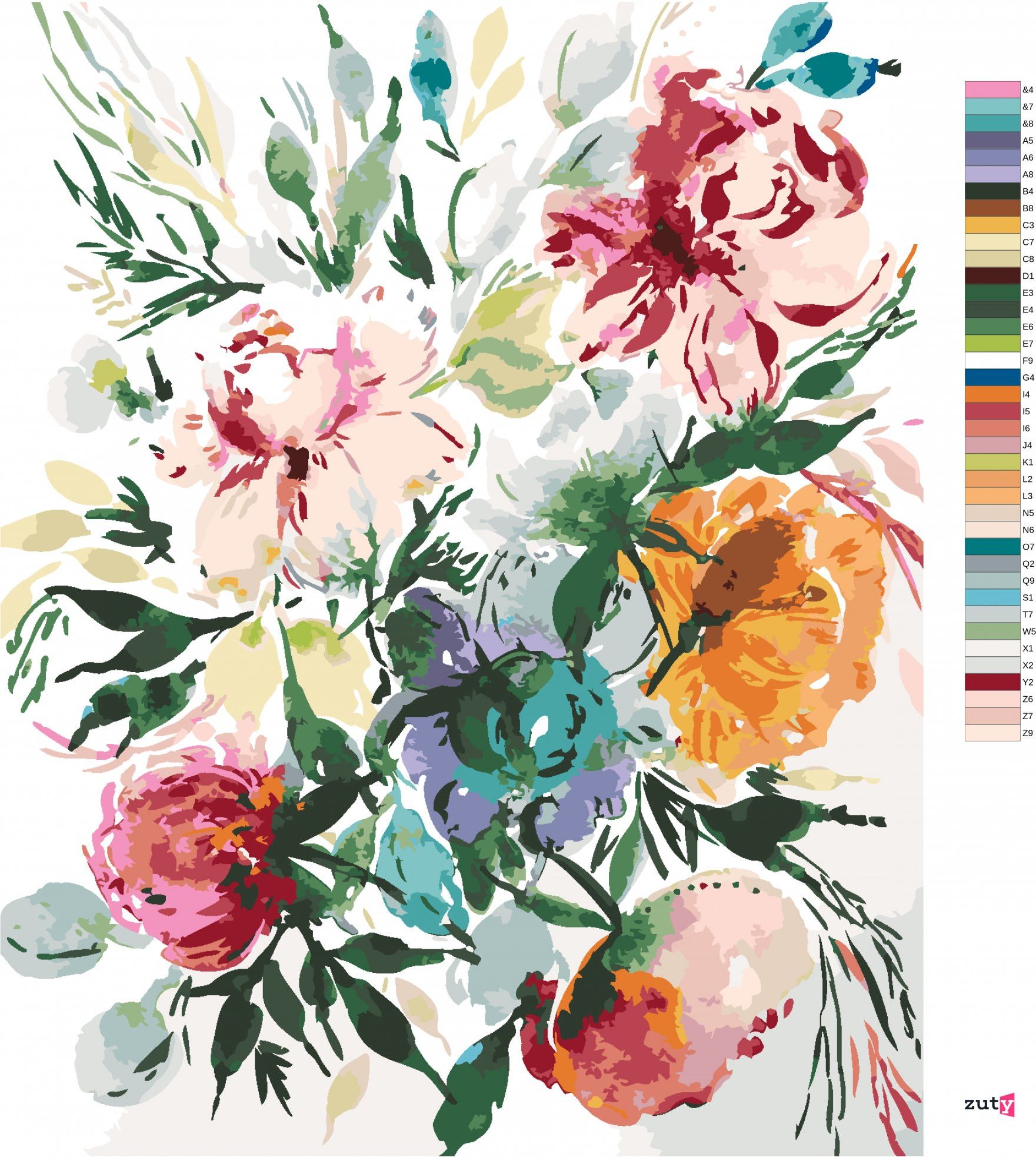zuty Malování podle čísel - RŮZNOBAREVNÉ KVĚTY MEZI LISTY (ALEXANDRIA GILBERT) - Rozměr: 40x50 cm, Rámování: Varianta: bez rámu a bez vypnutí plátna - obrázek 5