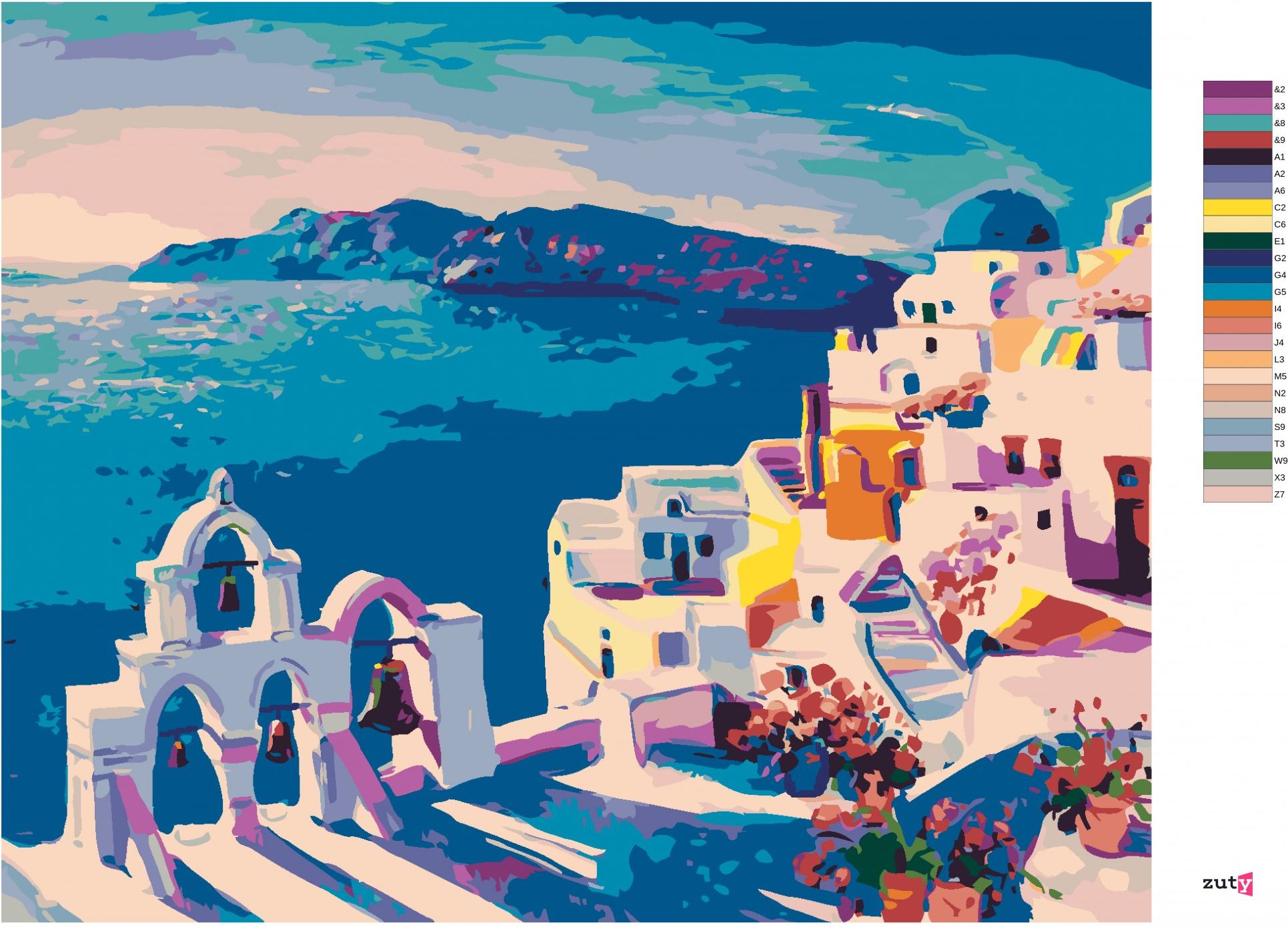 zuty Malování podle čísel - SANTORINI SE ZVONY - Rozměr: 40x50 cm, Rámování: Varianta: vypnuté plátno na rám - obrázek 2