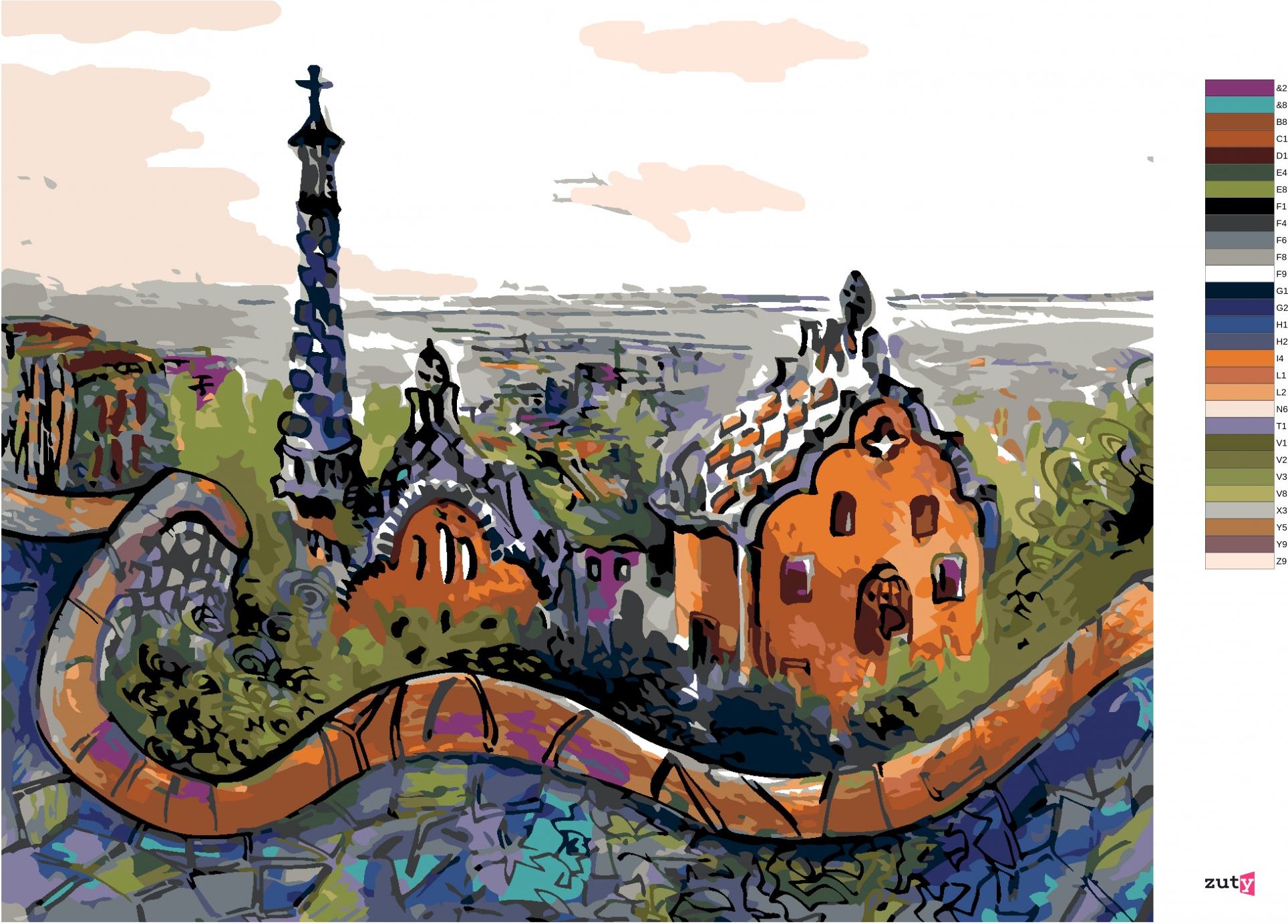 zuty Malování podle čísel - PARK GÜELL V BARCELONĚ - Rozměr: 40x50 cm, Rámování: Varianta: vypnuté plátno na rám - obrázek 7