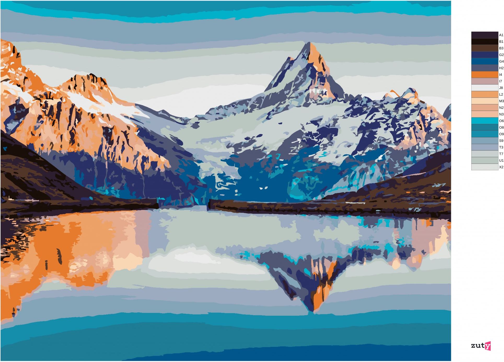 zuty Malování podle čísel - FANTASTICKÉ PANORAMA JEZERA BACHALPSEE VE ŠVÝCARSKU - Rozměr: 40x50 cm, Rámování: Varianta: bez rámu a bez vypnutí plátna - obrázek 3