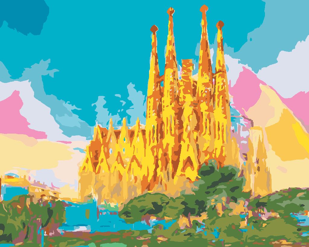 zuty Malování podle čísel - DUHOVÁ SAGRADA FAMILIA - Rozměr: 40x50 cm, Rámování: Varianta: bez rámu a bez vypnutí plátna - obrázek 2