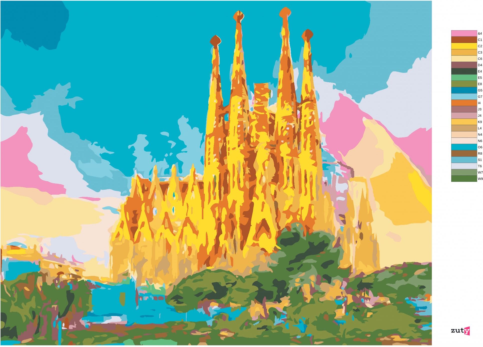 zuty Malování podle čísel - DUHOVÁ SAGRADA FAMILIA - Rozměr: 40x50 cm, Rámování: Varianta: vypnuté plátno na rám - obrázek 10