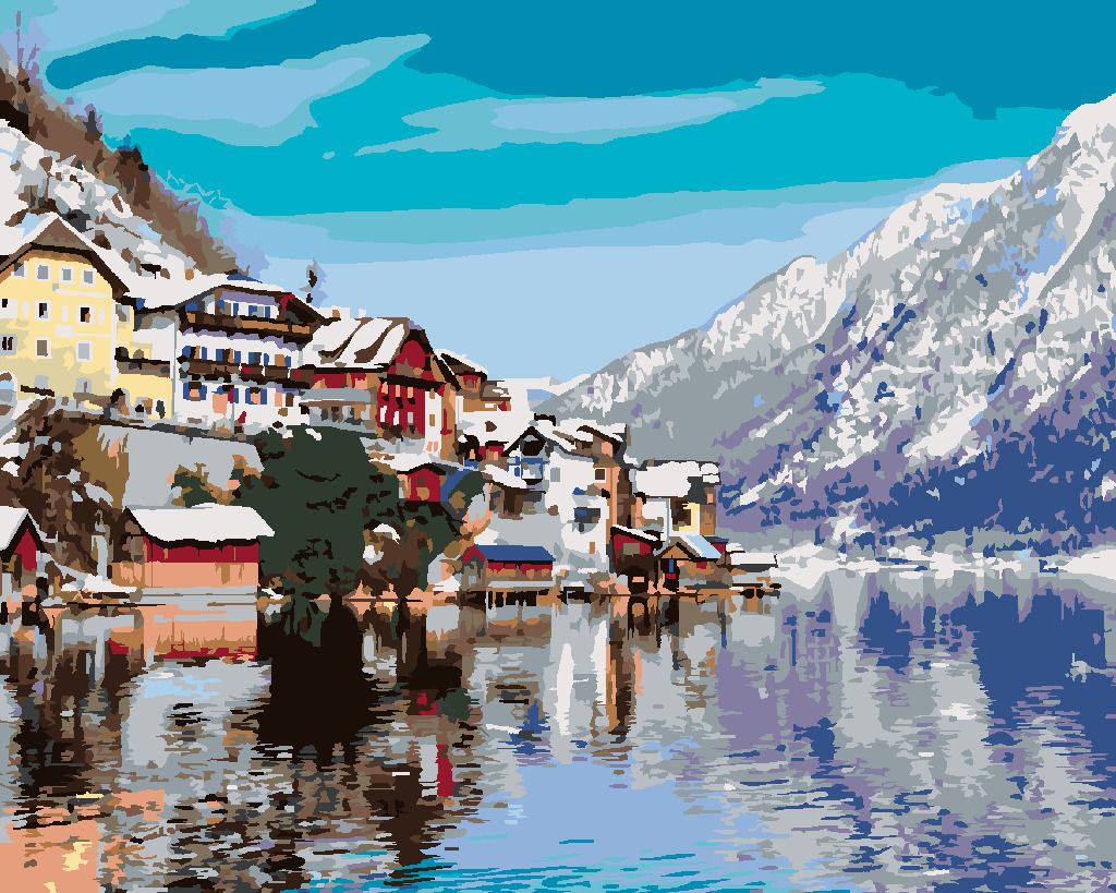 zuty Malování podle čísel - HALLSTATT U JEZERA V ALPÁCH - Rozměr: 40x50 cm, Rámování: Varianta: vypnuté plátno na rám - obrázek 4