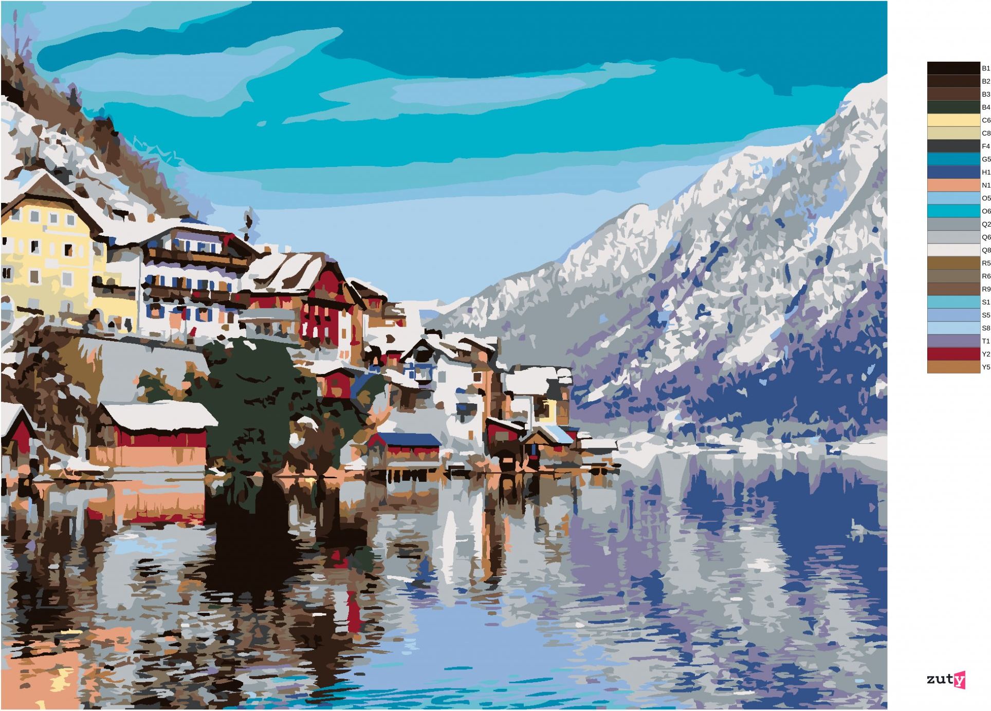 zuty Malování podle čísel - HALLSTATT U JEZERA V ALPÁCH - Rozměr: 40x50 cm, Rámování: Varianta: vypnuté plátno na rám - obrázek 5