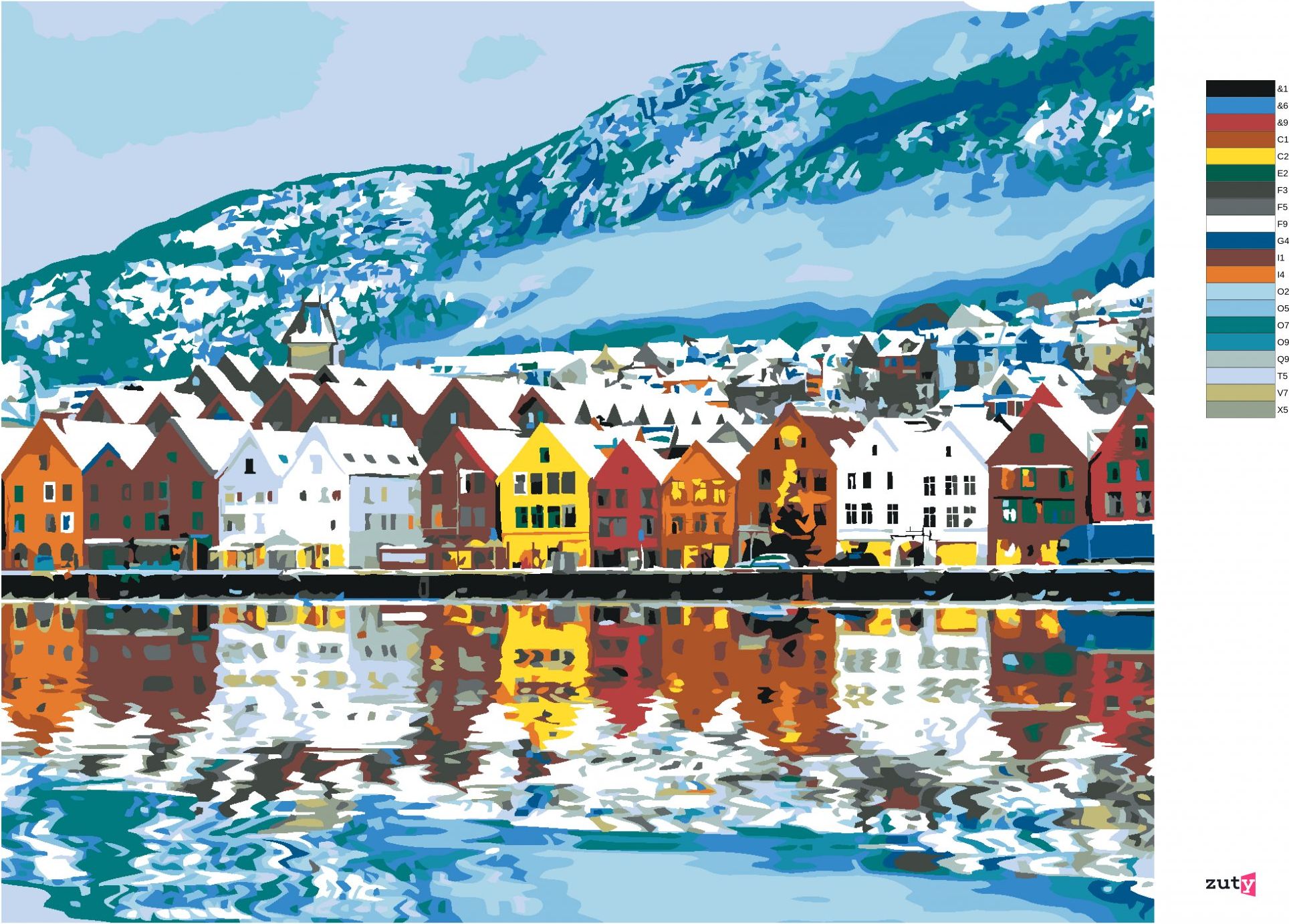 zuty Malování podle čísel - MĚSTEČKO BERGEN V NORSKU - Rozměr: 40x50 cm, Rámování: Varianta: bez rámu a bez vypnutí plátna - obrázek 3