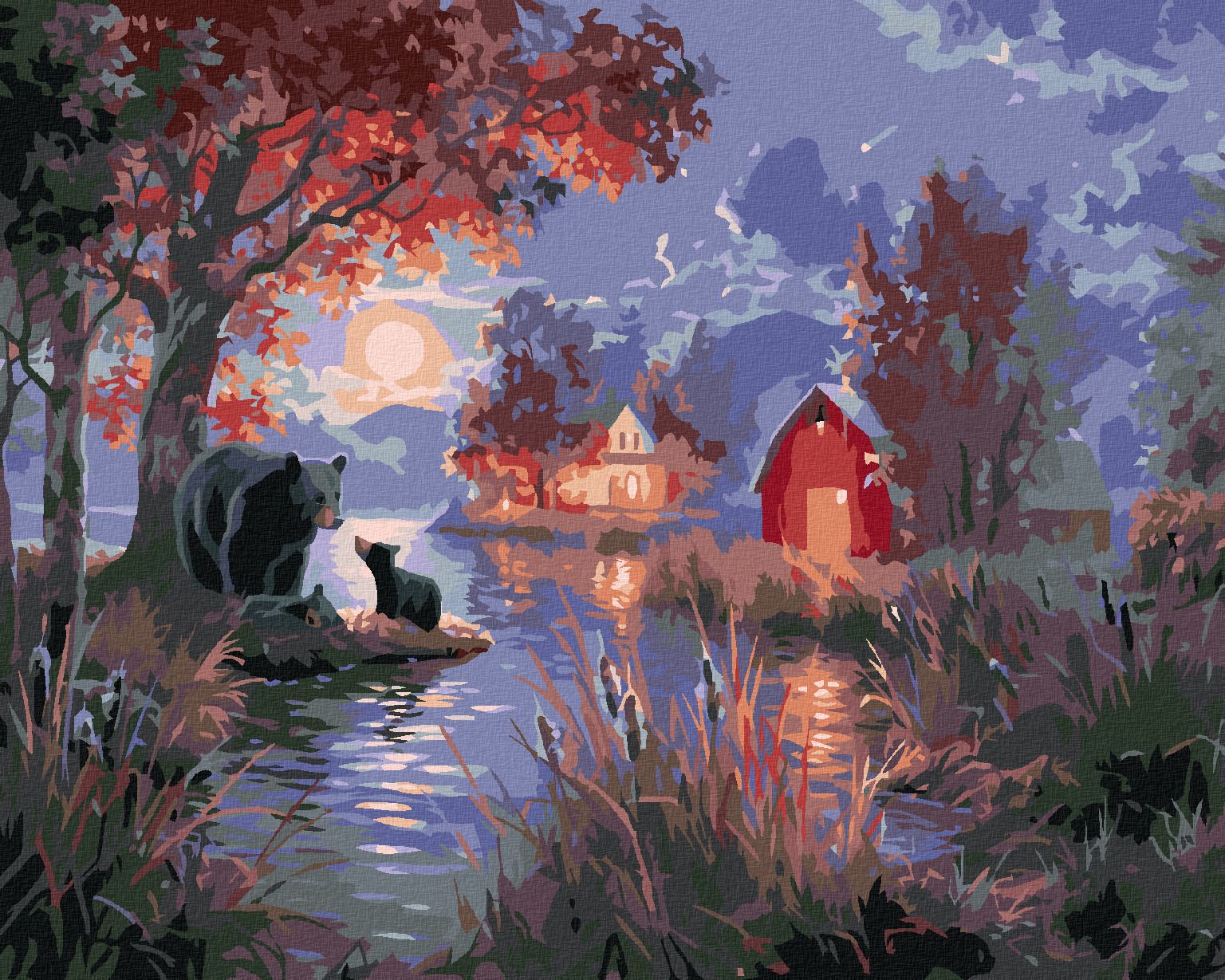 zuty Malování podle čísel - MEDVĚD S MLÁĎATY U JEZERA, FARMA A MĚSÍC (ABRAHAM HUNTER) - Rozměr: 40x50 cm, Rámování: Varianta: bez rámu a bez vypnutí plátna - obrázek 1
