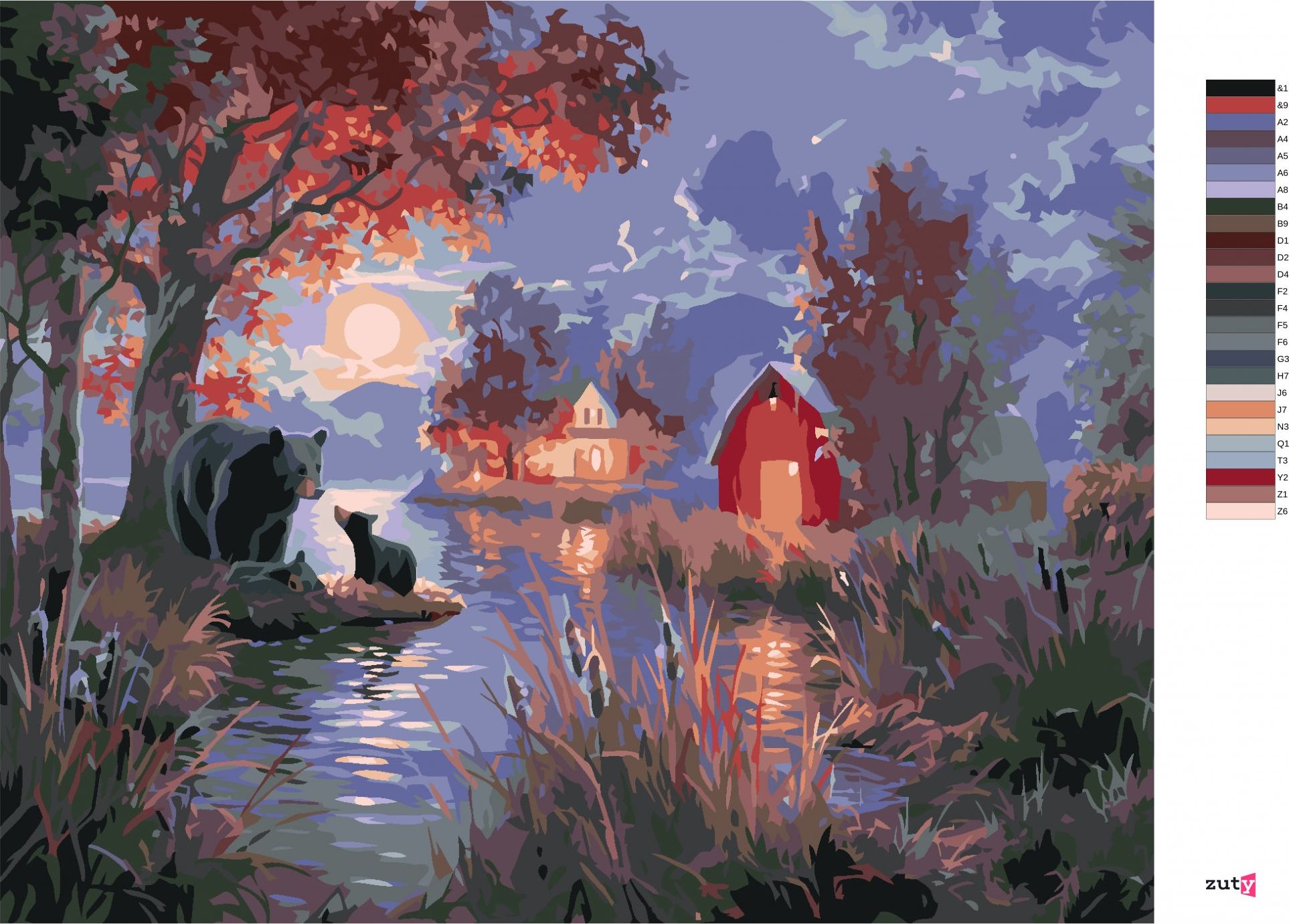 zuty Malování podle čísel - MEDVĚD S MLÁĎATY U JEZERA, FARMA A MĚSÍC (ABRAHAM HUNTER) - Rozměr: 40x50 cm, Rámování: Varianta: bez rámu a bez vypnutí plátna - obrázek 3