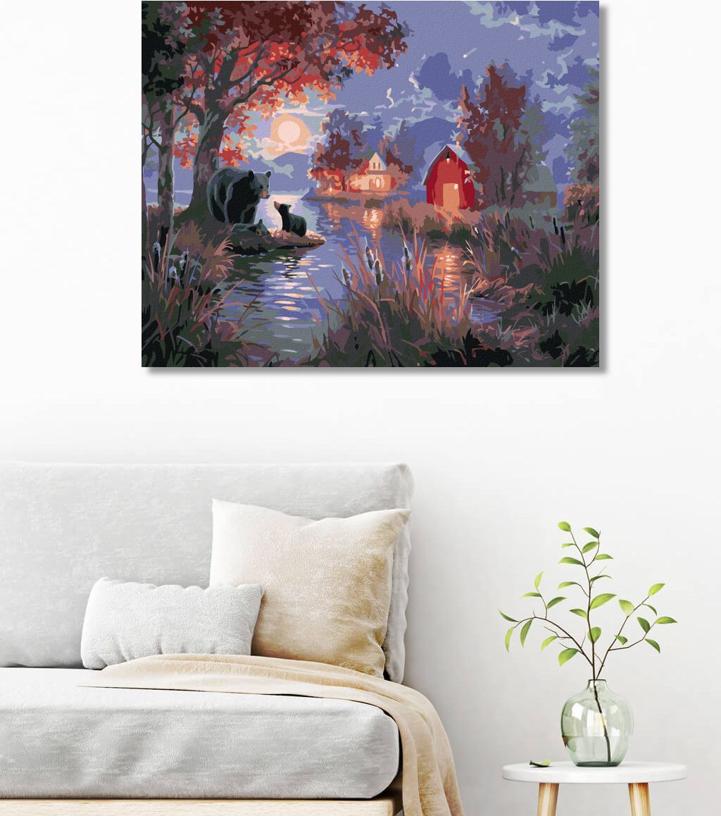 zuty Malování podle čísel - MEDVĚD S MLÁĎATY U JEZERA, FARMA A MĚSÍC (ABRAHAM HUNTER) - Rozměr: 40x50 cm, Rámování: Varianta: bez rámu a bez vypnutí plátna - obrázek 10
