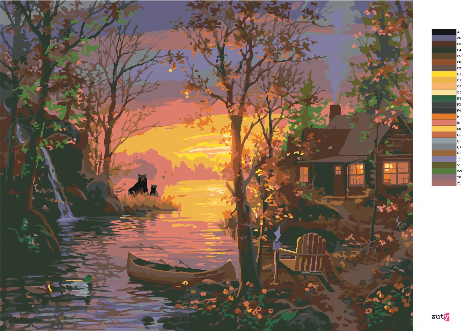 zuty Malování podle čísel - ZÁPAD SLUNCE U ŘEKY, MEDVĚĎI, KACHNY A CHATA (ABRAHAM HUNTER) - Rozměr: 40x50 cm, Rámování: Varianta: bez rámu a bez vypnutí plátna - obrázek 7