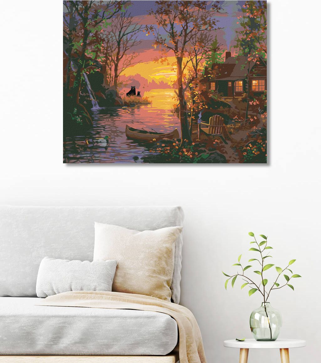 zuty Malování podle čísel - ZÁPAD SLUNCE U ŘEKY, MEDVĚĎI, KACHNY A CHATA (ABRAHAM HUNTER) - Rozměr: 40x50 cm, Rámování: Varianta: bez rámu a bez vypnutí plátna - obrázek 9