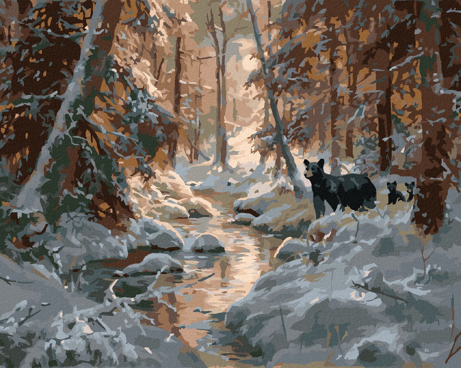 zuty Malování podle čísel - MEDVĚD S MLÁĎATY U ŘEKY V ZIMĚ (ABRAHAM HUNTER) - Rozměr: 40x50 cm, Rámování: Varianta: vypnuté plátno na rám - obrázek 1