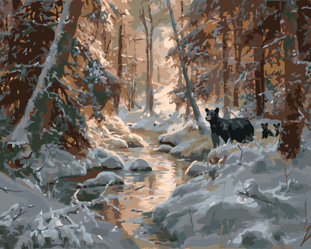 zuty Malování podle čísel - MEDVĚD S MLÁĎATY U ŘEKY V ZIMĚ (ABRAHAM HUNTER) - Rozměr: 40x50 cm, Rámování: Varianta: vypnuté plátno na rám - obrázek 4