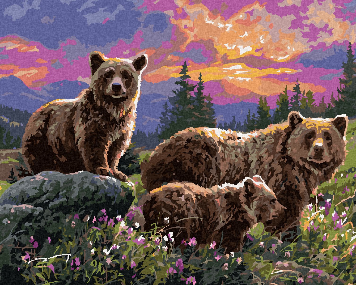 zuty Malování podle čísel - MEDVĚD S DOSPÍVAJÍCÍMI MLÁĎATY A ZÁPAD SLUNCE (ABRAHAM HUNTER) - Rozměr: 40x50 cm, Rámování: Varianta: vypnuté plátno na rám - obrázek 1
