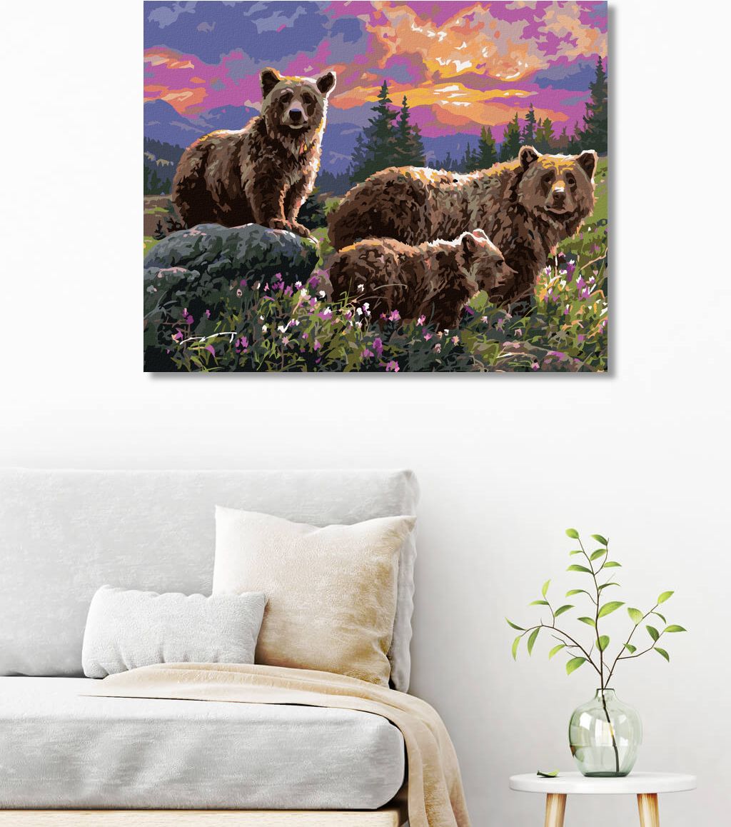zuty Malování podle čísel - MEDVĚD S DOSPÍVAJÍCÍMI MLÁĎATY A ZÁPAD SLUNCE (ABRAHAM HUNTER) - Rozměr: 40x50 cm, Rámování: Varianta: vypnuté plátno na rám - obrázek 6
