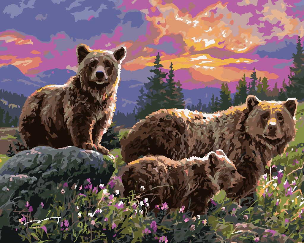 zuty Malování podle čísel - MEDVĚD S DOSPÍVAJÍCÍMI MLÁĎATY A ZÁPAD SLUNCE (ABRAHAM HUNTER) - Rozměr: 40x50 cm, Rámování: Varianta: vypnuté plátno na rám - obrázek 8