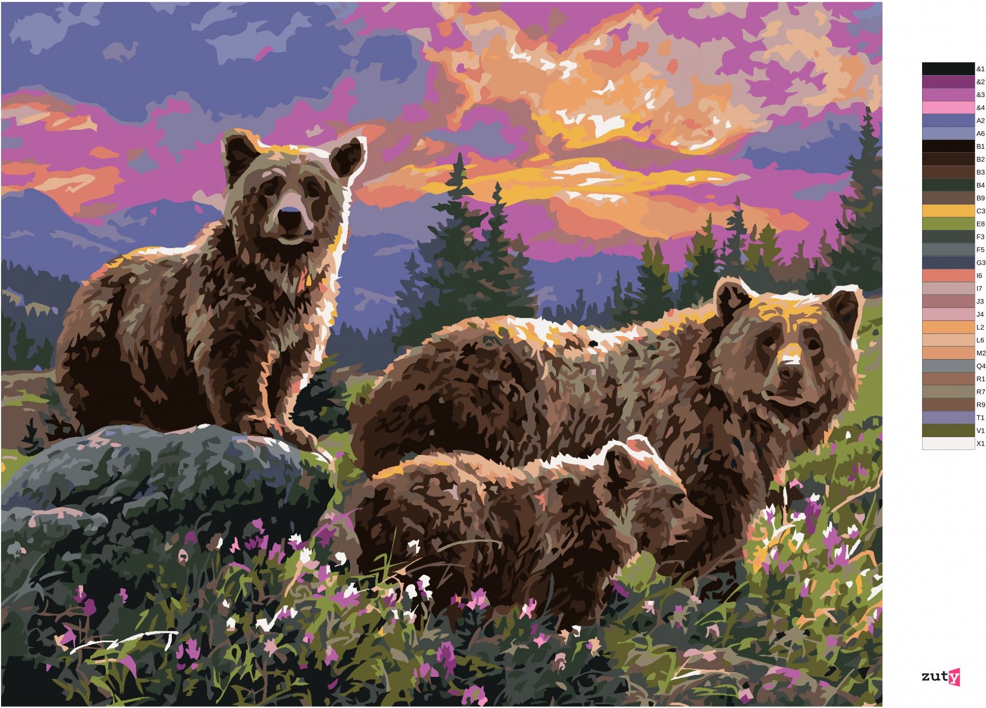 zuty Malování podle čísel - MEDVĚD S DOSPÍVAJÍCÍMI MLÁĎATY A ZÁPAD SLUNCE (ABRAHAM HUNTER) - Rozměr: 40x50 cm, Rámování: Varianta: vypnuté plátno na rám - obrázek 10