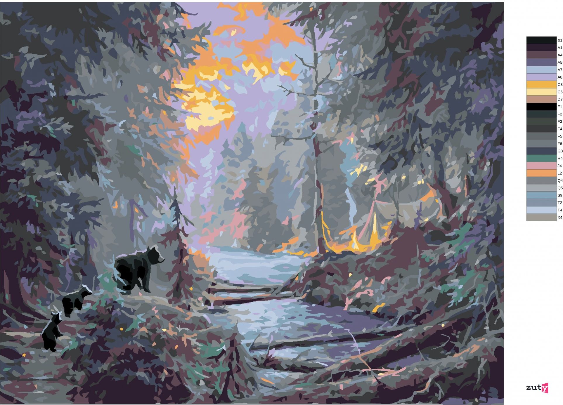 zuty Malování podle čísel - TÁBOŘIŠTĚ U ŘEKY, MEDVĚD S MLÁĎATY A ZÁPAD SLUNCE (ABRAHAM HUNTER) - Rozměr: 40x50 cm, Rámování: Varianta: bez rámu a bez vypnutí plátna - obrázek 2