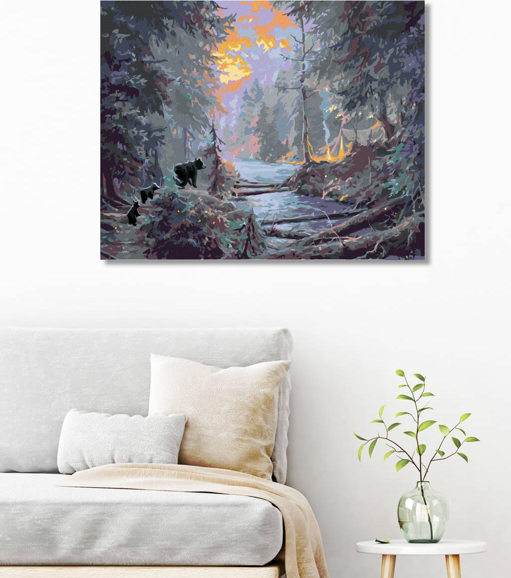 zuty Malování podle čísel - TÁBOŘIŠTĚ U ŘEKY, MEDVĚD S MLÁĎATY A ZÁPAD SLUNCE (ABRAHAM HUNTER) - Rozměr: 40x50 cm, Rámování: Varianta: bez rámu a bez vypnutí plátna - obrázek 6