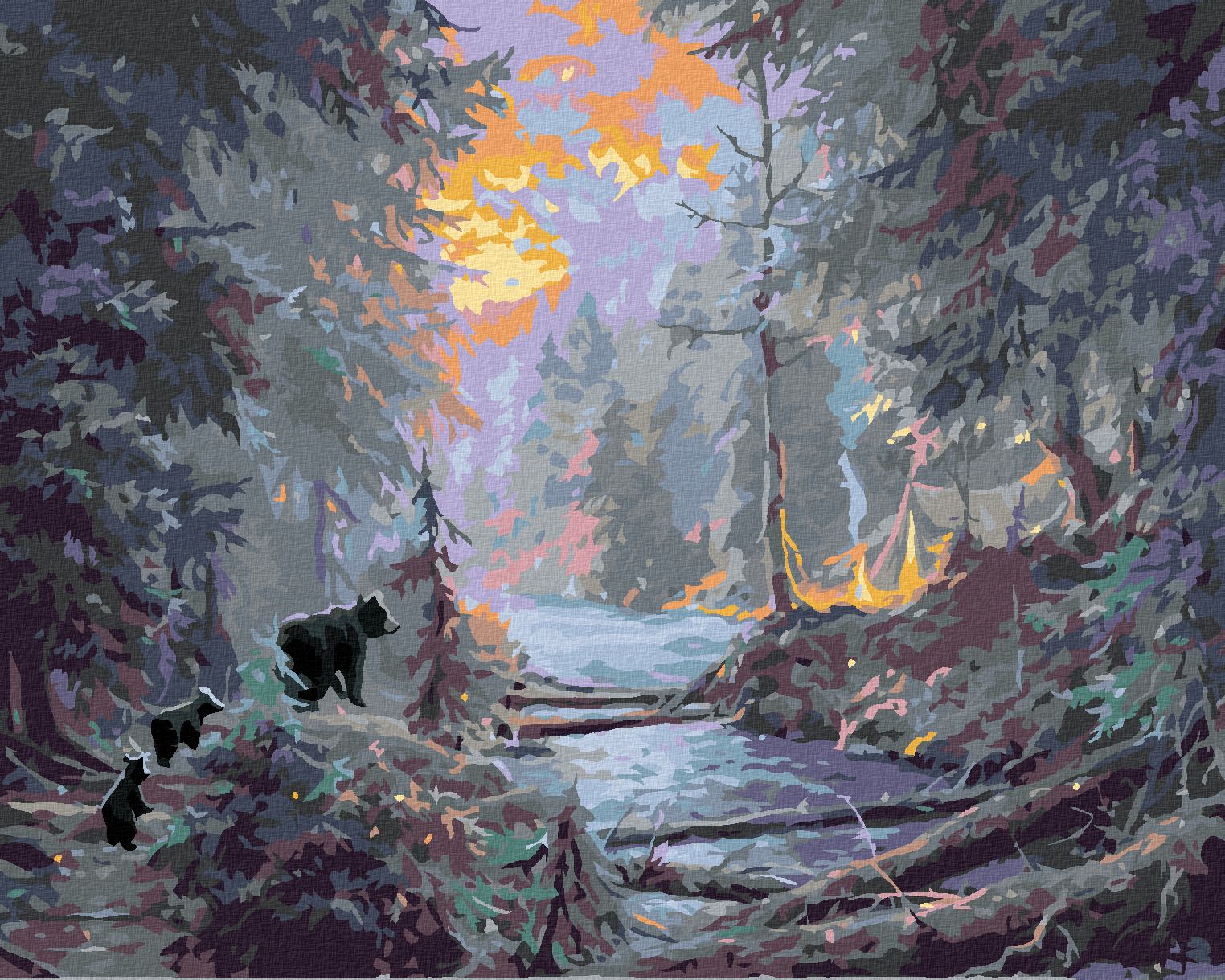 zuty Malování podle čísel - TÁBOŘIŠTĚ U ŘEKY, MEDVĚD S MLÁĎATY A ZÁPAD SLUNCE (ABRAHAM HUNTER) - Rozměr: 40x50 cm, Rámování: Varianta: vypnuté plátno na rám - obrázek 1
