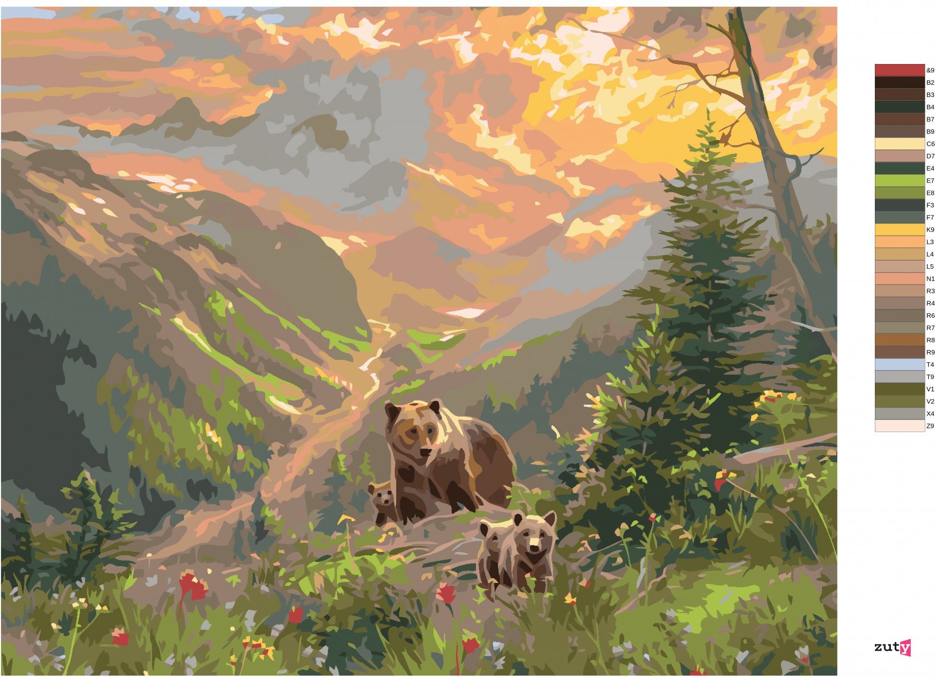 zuty Malování podle čísel - ZÁPAD SLUNCE, MEDVĚD S MLÁĎATY A ŘEKA MEZI HORAMI (ABRAHAM HUNTER) - Rozměr: 40x50 cm, Rámování: Varianta: bez rámu a bez vypnutí plátna - obrázek 2