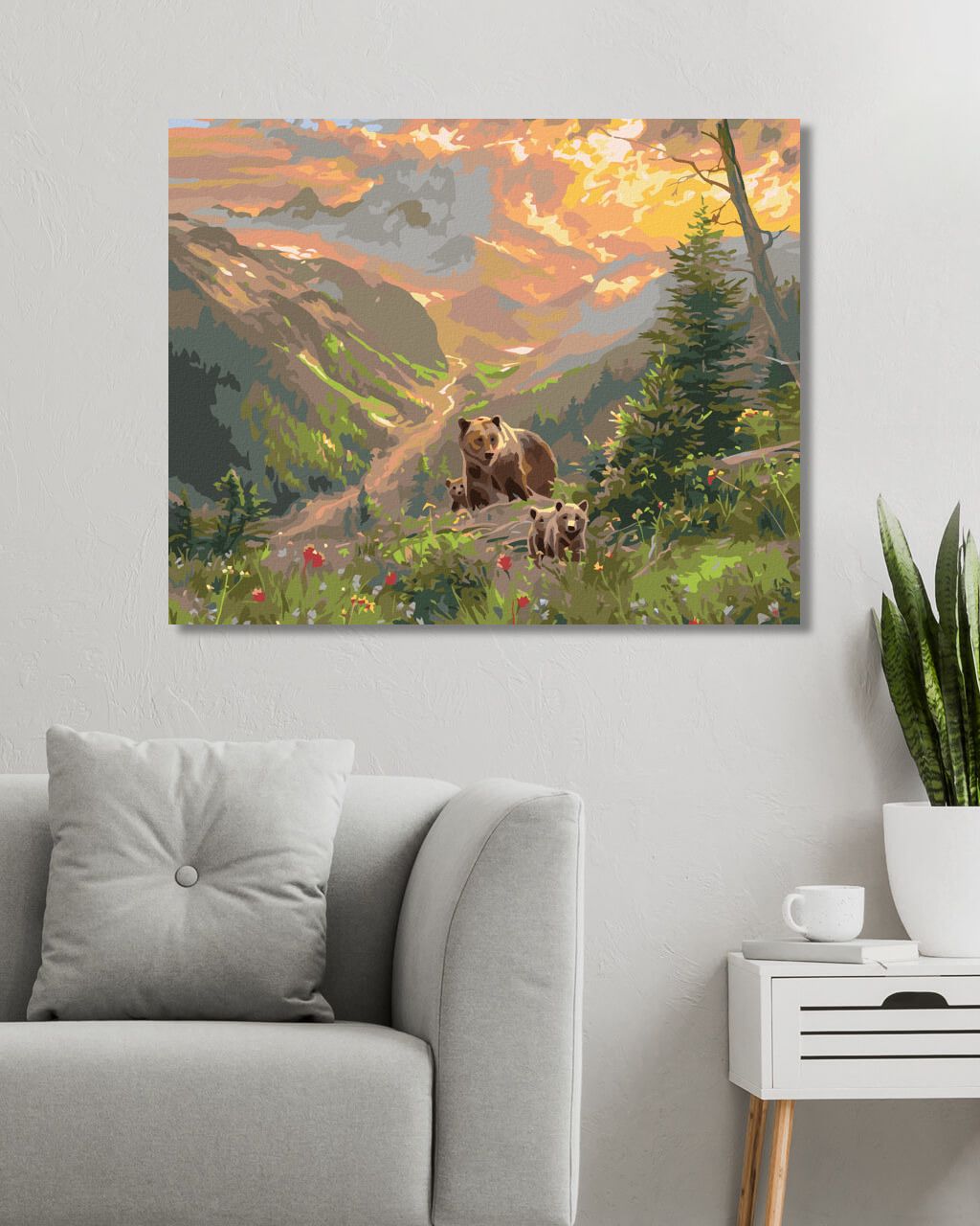 zuty Malování podle čísel - ZÁPAD SLUNCE, MEDVĚD S MLÁĎATY A ŘEKA MEZI HORAMI (ABRAHAM HUNTER) - Rozměr: 40x50 cm, Rámování: Varianta: bez rámu a bez vypnutí plátna - obrázek 9