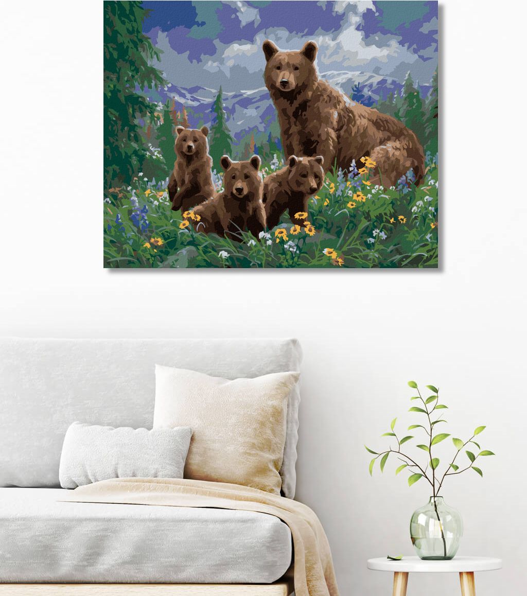 zuty Malování podle čísel - MEDVĚD S MLÁĎATY V KVĚTINÁCH A HORY (ABRAHAM HUNTER) - Rozměr: 40x50 cm, Rámování: Varianta: vypnuté plátno na rám - obrázek 7